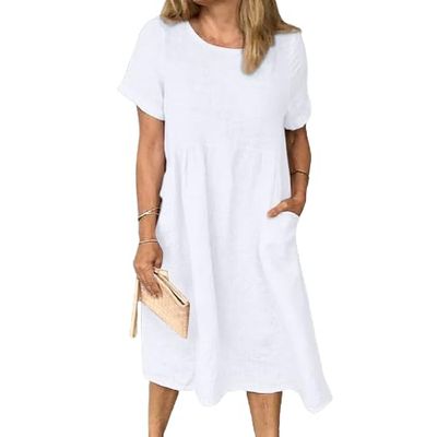 Women Summer Cotton Linen Short Sleeve Midi Tshirt Dress Crew Neck Pleated Plus Size Casual Beach Shift Tunic Dress with Pocket White