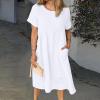 Women Summer Cotton Linen Short Sleeve Midi Tshirt Dress Crew Neck Pleated Plus Size Casual Beach Shift Tunic Dress with Pocket White view 2