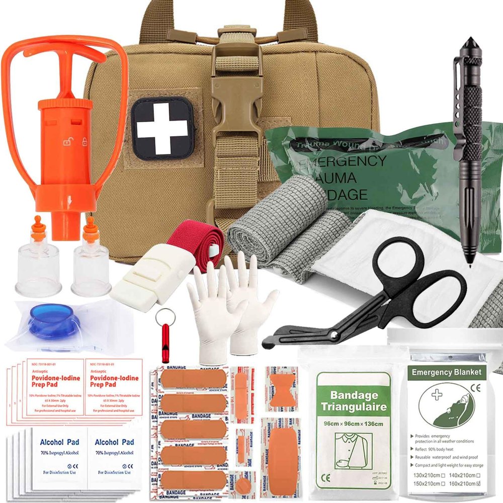 Snake Bite Kit, Bee Sting Kit, Tactical Trauma Kit Emergency First Aid Stop The Bleed Ifak Refill, Venom Extractor Suction Pump, Bite and Sting First Aid Supplies (Tan)