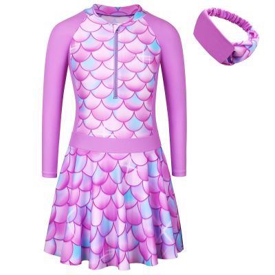 Girls Swimsuit One Piece Long Sleeve UPF 50+ Floral Skirted Bathing Suit Modest Beach Swim Dress S456_PurpleBlueScale_128/134