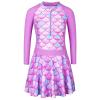 Girls Swimsuit One Piece Long Sleeve UPF 50+ Floral Skirted Bathing Suit Modest Beach Swim Dress S456_PurpleBlueScale_128/134 view 2