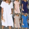 Women Summer Cotton Linen Short Sleeve Midi Tshirt Dress Crew Neck Pleated Plus Size Casual Beach Shift Tunic Dress with Pocket Blue view 3