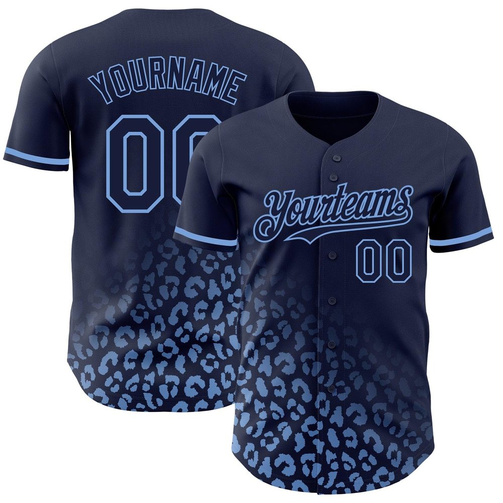 NineFit Basics Custom Baseball Jersey, Printed Stitched Personalized Name Number, Navy Light Blue Leopard Baseball Shirt for Men Women Youth