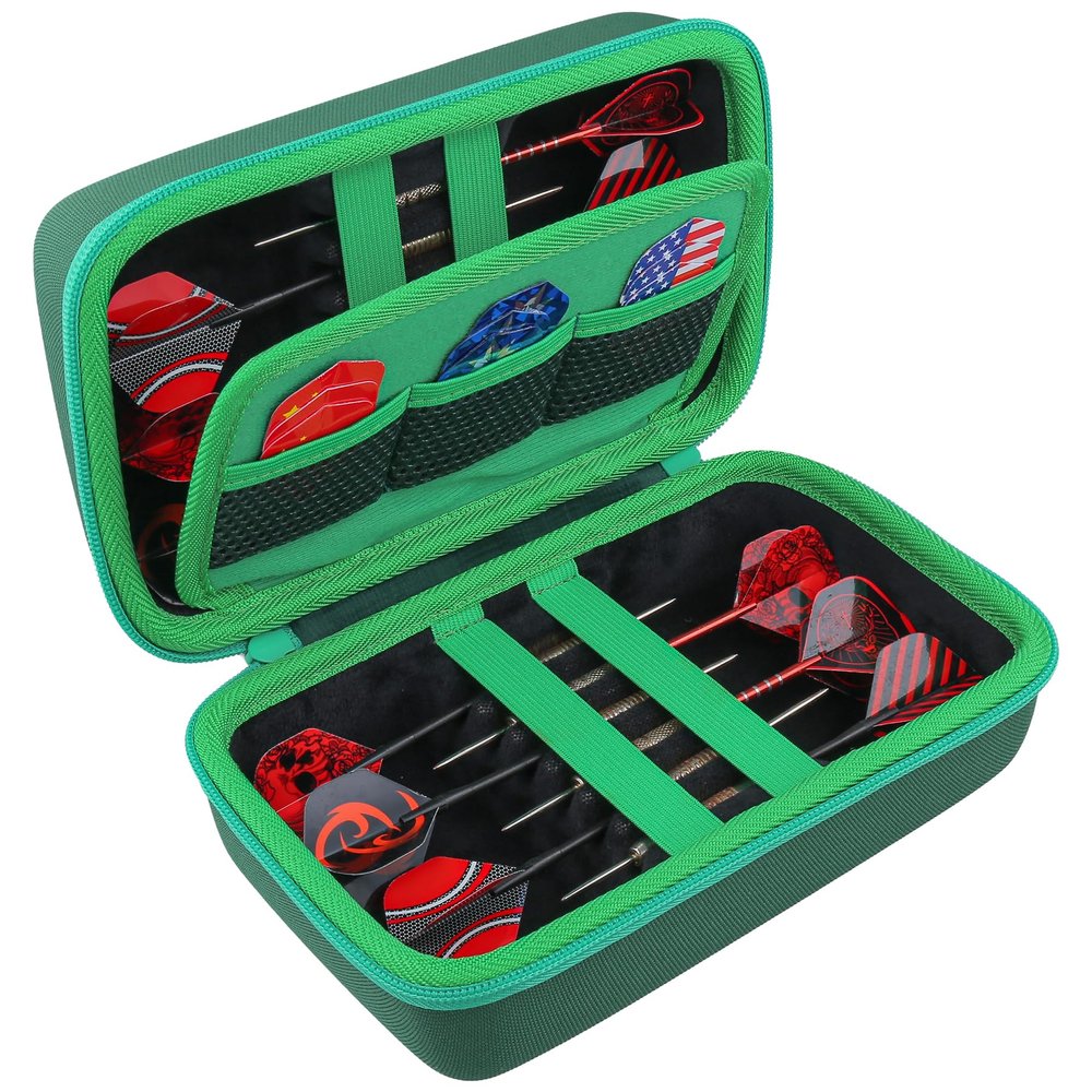 co2CREA Hard Case Compatible with Steel Tip or Soft Tip Darts, Holds 12 Darts and Extra Accessories, Built-In Storage Tubes and Pockets for Flights, Tips, Shafts (Green Case), D1602