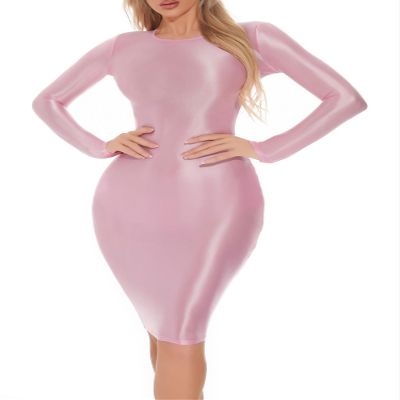 YiZYiF Women's 70D Glossy Long Sleeve Dance Skirted Leotard Bodysuits Scoop Neck Gymnastics Dress Long Sleeve Pink A Medium