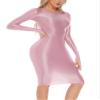 YiZYiF Women's 70D Glossy Long Sleeve Dance Skirted Leotard Bodysuits Scoop Neck Gymnastics Dress Long Sleeve Pink A Medium view 4