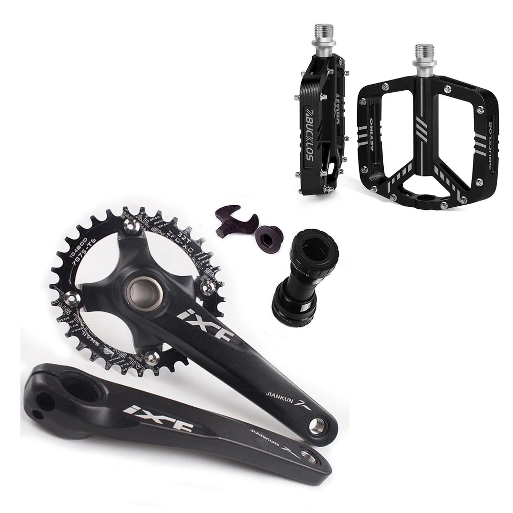 BUCKLOS IXF 104 BCD 30-52T Mountain Bike Crankset -Hollow Integrated MTB 170mm Crank Set and MTB Flat Aluminum Alloy Pedal with Large Platform -Non-Slip Pedals