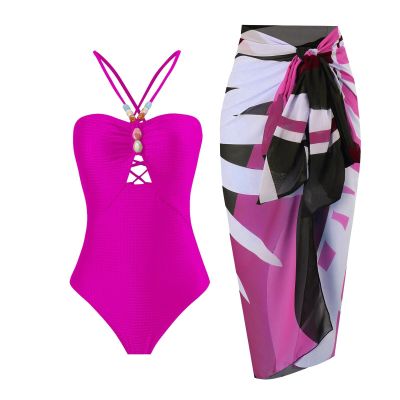 ABEHIK Women's One Piece Swimsuits with Beach Cover up Wrap Skirt 2 Pieces Bathing Suits Tummy Control Hawaiian Dresses for Women 2024 Vintage Abstract Print Bikini Set Hot Pink L