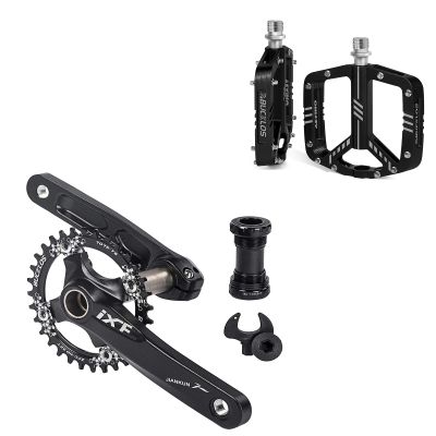 BUCKLOS IXF 104 BCD 30T-38T 170MM Mountain Bike Crankset, Hollow Integrated MTB Crank Set and MTB Flat Aluminum Alloy Pedal with Large Platform -Non-Slip Pedals