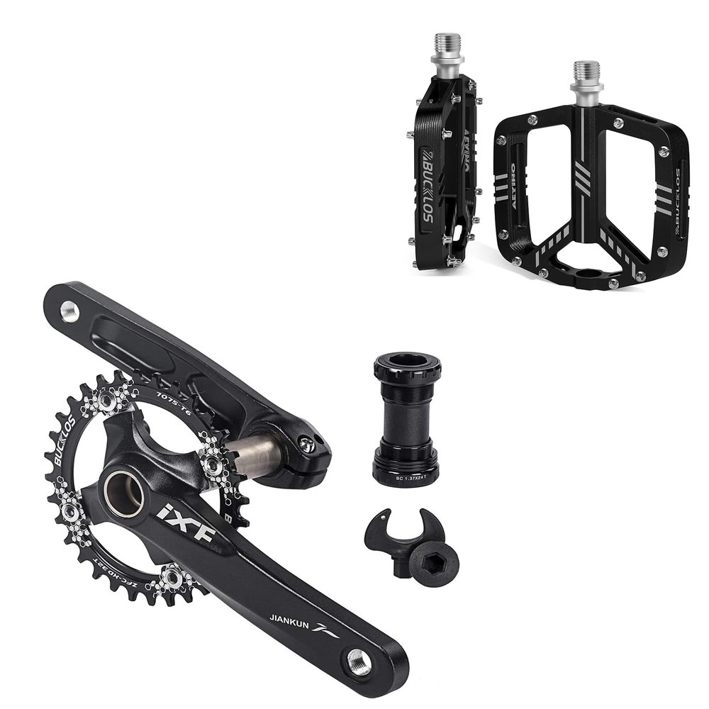 BUCKLOS IXF 104 BCD 30T-38T 170MM Mountain Bike Crankset, Hollow Integrated MTB Crank Set and MTB Flat Aluminum Alloy Pedal with Large Platform -Non-Slip Pedals