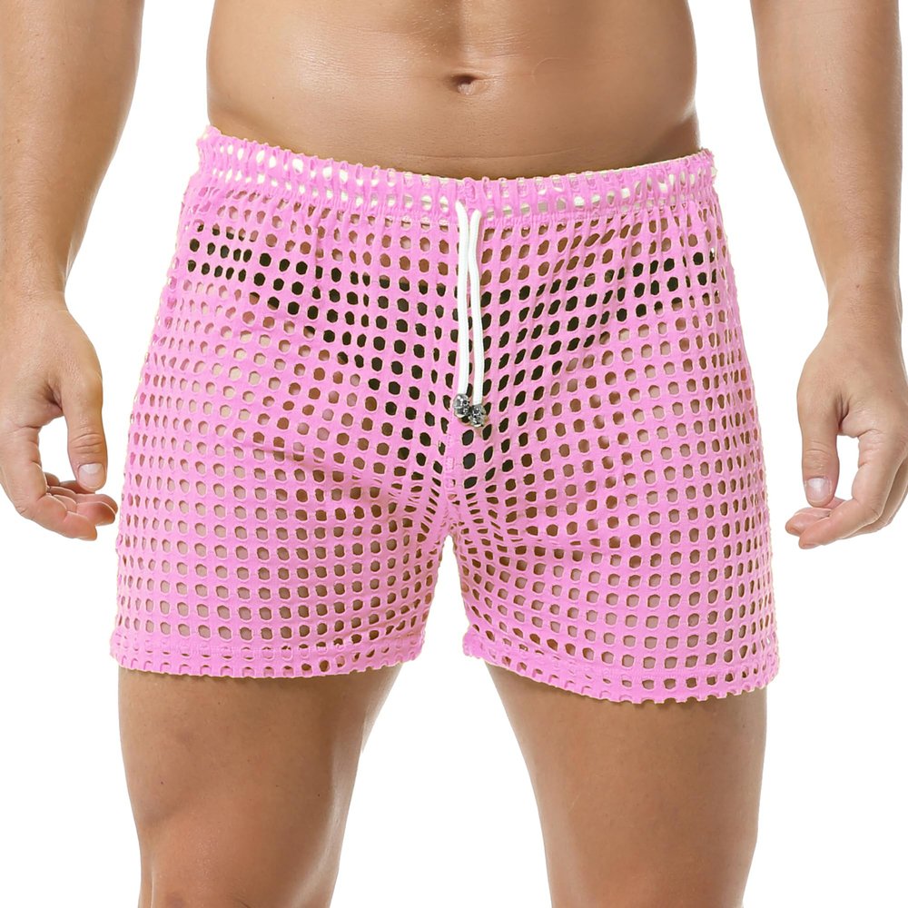 DTODWW Mens Fishnet Underwear Boxer Shorts Mesh Trunks See Through Shorts with Drawstring Nightwear Shorts Pink