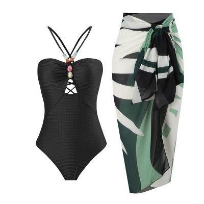 ABEHIK Women's One Piece Swimsuits with Beach Cover up Wrap Skirt 2 Pieces Bathing Suits Tummy Control Hawaiian Dresses for Women 2024 Vintage Abstract Print Bikini Set Black S