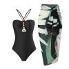 ABEHIK Women's One Piece Swimsuits with Beach Cover up Wrap Skirt 2 Pieces Bathing Suits Tummy Control Hawaiian Dresses for Women 2024 Vintage Abstract Print Bikini Set Black S view 1