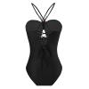 ABEHIK Women's One Piece Swimsuits with Beach Cover up Wrap Skirt 2 Pieces Bathing Suits Tummy Control Hawaiian Dresses for Women 2024 Vintage Abstract Print Bikini Set Black S view 3