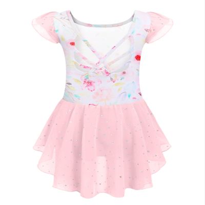 Arshiner Girls Shiny Ruffle Sleeve Ballet Leotard with Skirt Criss-Cross Back Dance Dresses Pink Floral
