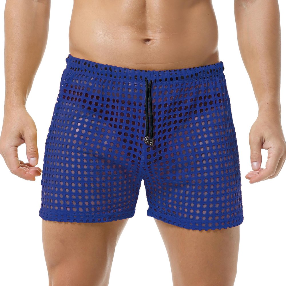 DTODWW Mens Fishnet Underwear Boxer Shorts Mesh Trunks See Through Shorts with Drawstring Nightwear Shorts Dark-Blue