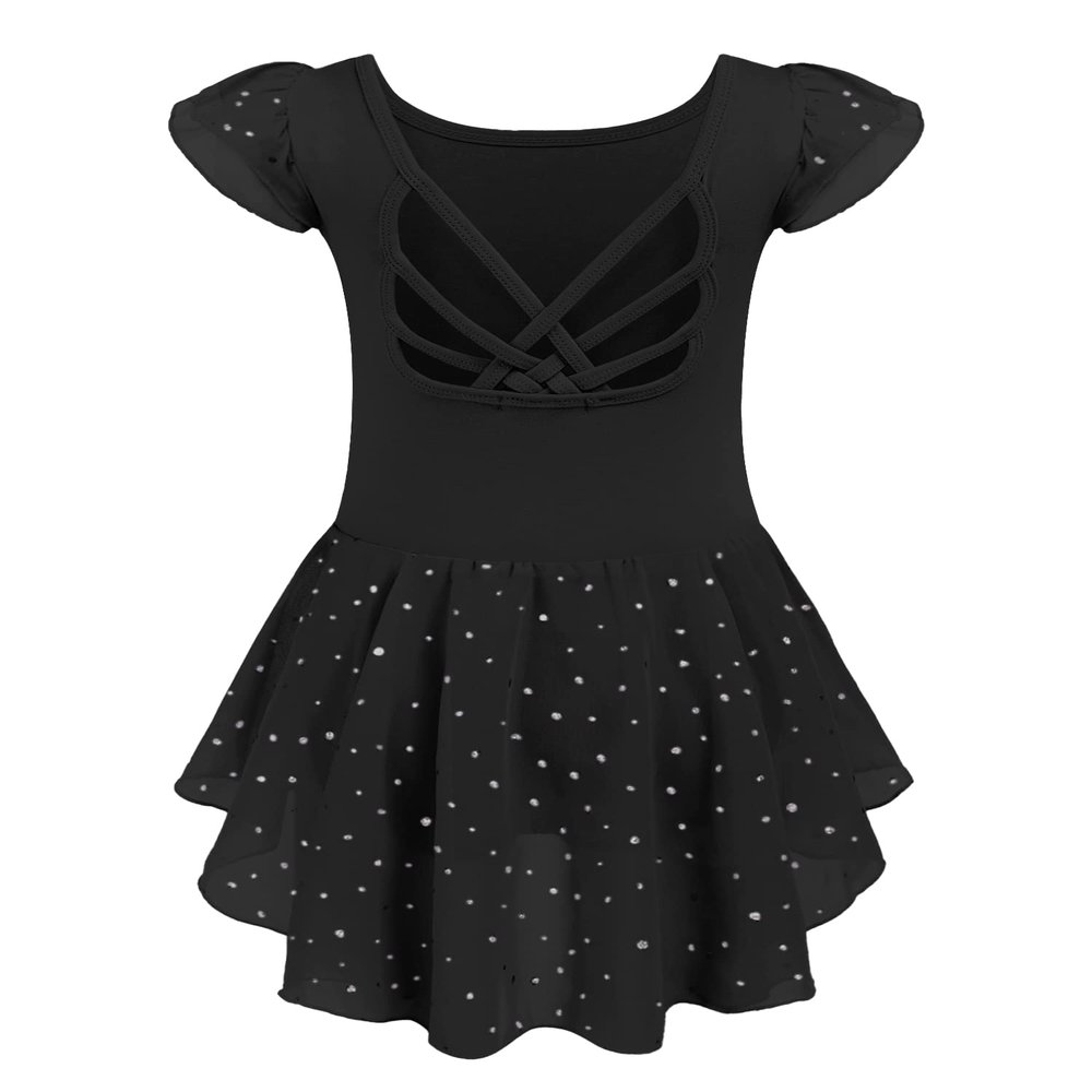 Arshiner Girls Shiny Ruffle Sleeve Ballet Leotard with Skirt Criss-Cross Back Dance Dresses Black