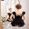 Arshiner Girls Shiny Ruffle Sleeve Ballet Leotard with Skirt Criss-Cross Back Dance Dresses Black view 3