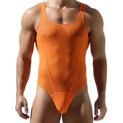 ABAFIP Men's Mesh Undershirts Bodysuit Sleeveless Sheer Tank Top Jumpsuit Fitness Mankini Jumpsuit Singlet Rave Tanks Orange Large