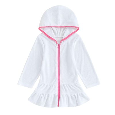 Kids Toddler Little Girl Swim Cover Up Swimsuit Wraps Zip Up Bathing Suit Towel Robe Pool Beach Dress (White, 7-8 Years)