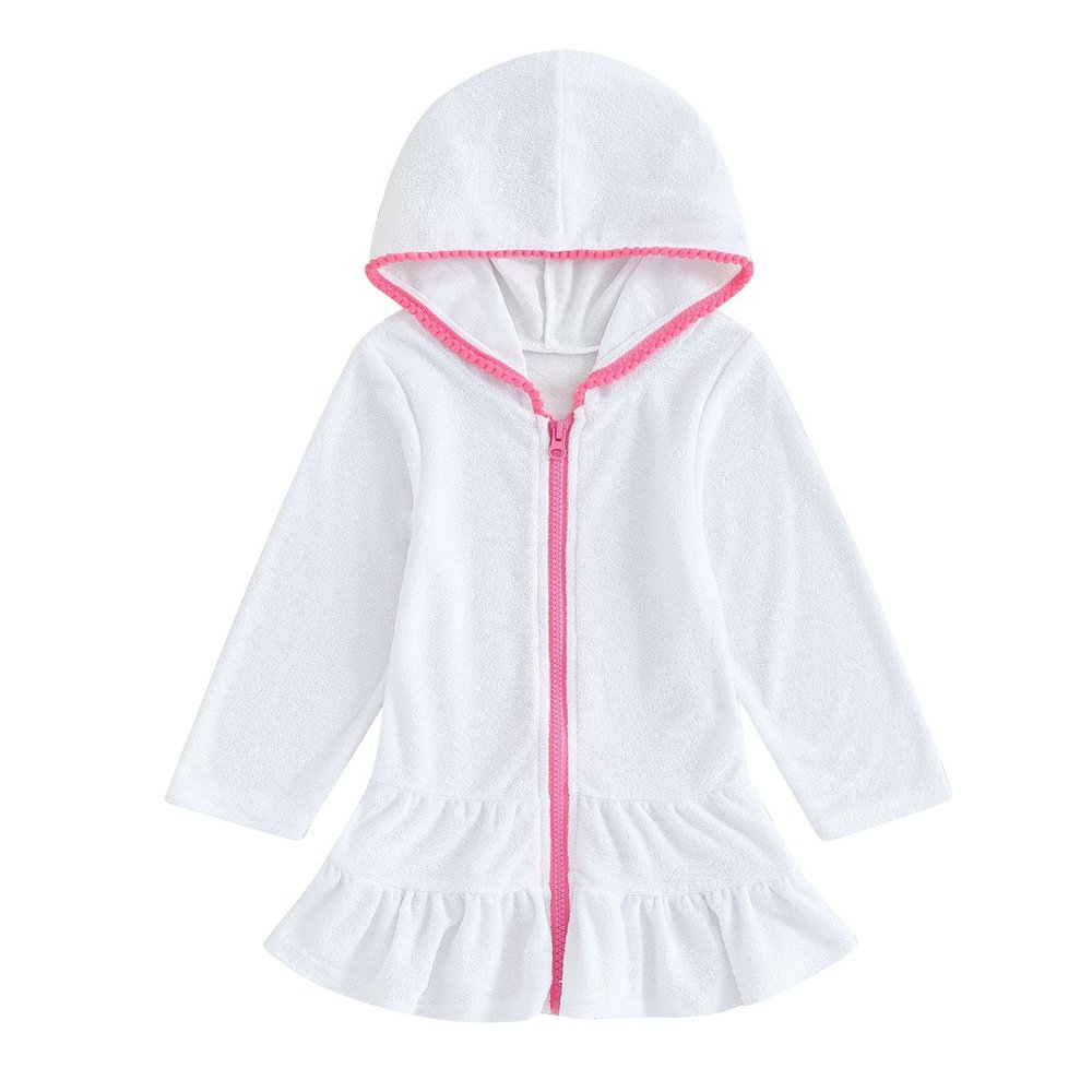 Kids Toddler Little Girl Swim Cover Up Swimsuit Wraps Zip Up Bathing Suit Towel Robe Pool Beach Dress (White, 7-8 Years)