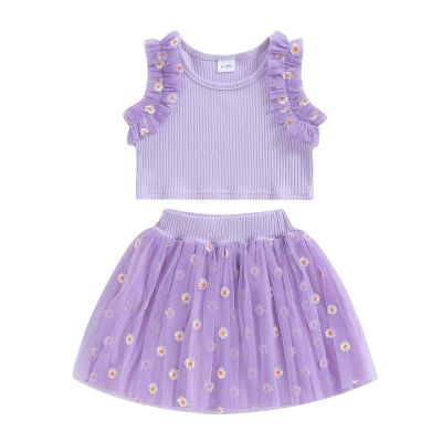 JLKGICF Toddler Baby Girl Skirts Outfit Ruffle Sleeveless Tank T-Shirt Tops Daisy Tutu Skirts Summer Clothes 1T 2T 3T 4T (Daisy Tutu Dress Purple, 18-24 Months)