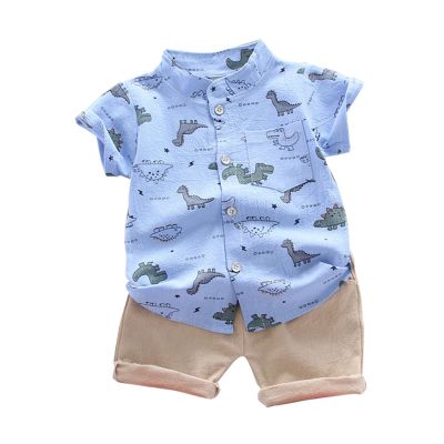 AMIMOJY Toddler Boys Summer Outfit Dino Prints T Shirt Short Sleeve Tops Solid Shorts Casual Baby Clothes Daily Suit 2Pcs, 12-18M, Sky Blue-e