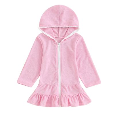 NineFit Basics Kids Toddler Little Girl Swim Cover Up Swimsuit Wraps Zip Up Bathing Suit Towel Robe Pool Beach Dress (Pink, 1-2 Years)