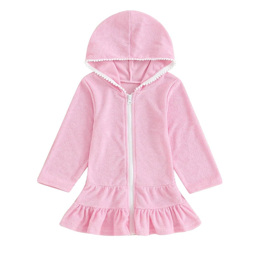 NineFit Basics Kids Toddler Little Girl Swim Cover Up Swimsuit Wraps Zip Up Bathing Suit Towel Robe Pool Beach Dress (Pink, 1-2 Years)