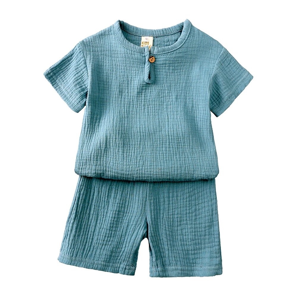 AMIMOJY Baby Boys Cotton Linen Outfit Summer Clothes Solid Color Set Button Down Tops Short Sleeve Shorts Toddler Kids 2Pcs, 3-4T, 1-light Blue