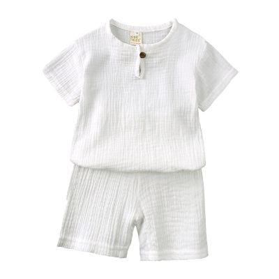 AMIMOJY Baby Boys Cotton Linen Outfit Summer Clothes Solid Color Set Button Down Tops Short Sleeve Shorts Toddler Kids 2Pcs, 3-4T, 1-white