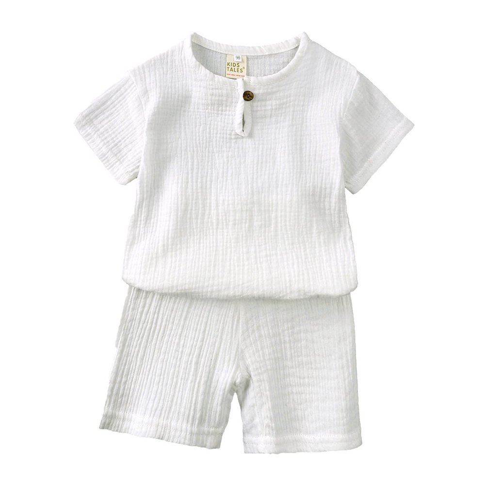 AMIMOJY Baby Boys Cotton Linen Outfit Summer Clothes Solid Color Set Button Down Tops Short Sleeve Shorts Toddler Kids 2Pcs, 3-4T, 1-white