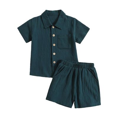 AMIMOJY Baby Boys Cotton Linen Outfit Summer Clothes Solid Color Set Button Down Tops Short Sleeve Shorts Toddler Kids 2Pcs, 3-4T, 3-green