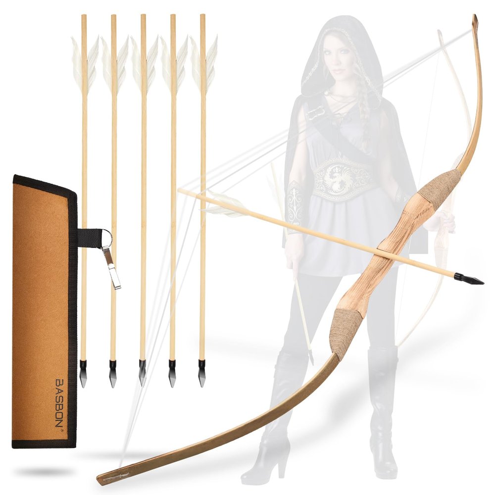 Youth Archery Bow and Arrow Set for Kids, 40" Handmade Wooden Bow and Arrow Prop Costume Cosplay Games Toys, Archery Set with 1 Bows 1 Quivers 5 Feather Arrows, Gifts for Kids Youth Adult Boys Girls