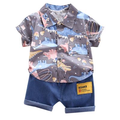 AMIMOJY Toddler Boys Summer Outfit Dino Prints T Shirt Short Sleeve Tops Solid Shorts Casual Baby Clothes Daily Suit 2Pcs, 12-18M, Grey-a
