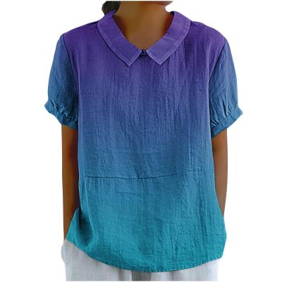 Cute Summer Tops for Women Short Sleeve Collared Shirt Color Block Graphic Tshirt Summer Blouses Linen Cotton