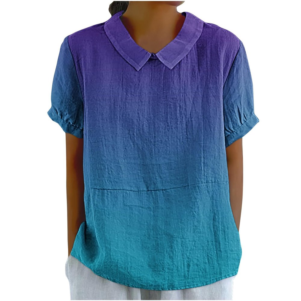 Cute Summer Tops for Women Short Sleeve Collared Shirt Color Block Graphic Tshirt Summer Blouses Linen Cotton
