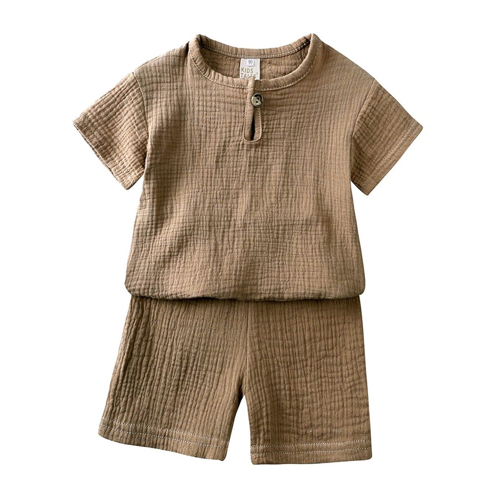 AMIMOJY Baby Boys Cotton Linen Outfit Summer Clothes Solid Color Set Button Down Tops Short Sleeve Shorts Toddler Kids 2Pcs, 6-7T