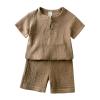 AMIMOJY Baby Boys Cotton Linen Outfit Summer Clothes Solid Color Set Button Down Tops Short Sleeve Shorts Toddler Kids 2Pcs, 6-7T view 1
