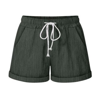 Plus Size Cotton Linen Shorts for Women Fashion Solid Sweat Shorts Drawstring Elastic Waist Lounge Shorts with Pocket
