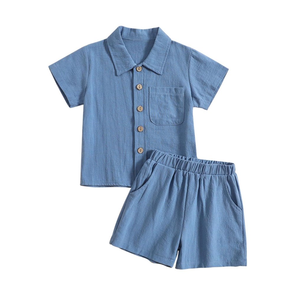 AMIMOJY Baby Boys Cotton Linen Outfit Summer Clothes Solid Color Set Button Down Tops Short Sleeve Shorts Toddler Kids 2Pcs, 3-4T, 3-dark Blue