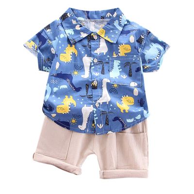 AMIMOJY Toddler Boys Summer Outfit Dino Prints T Shirt Short Sleeve Tops Solid Shorts Casual Baby Clothes Daily Suit 2Pcs, 12-18M