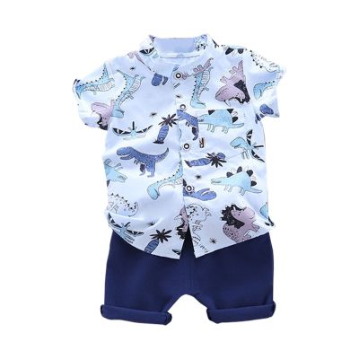 AMIMOJY Toddler Boys Summer Outfit Dino Prints T Shirt Short Sleeve Tops Solid Shorts Casual Baby Clothes Daily Suit 2Pcs, 3-4T, Blue-e
