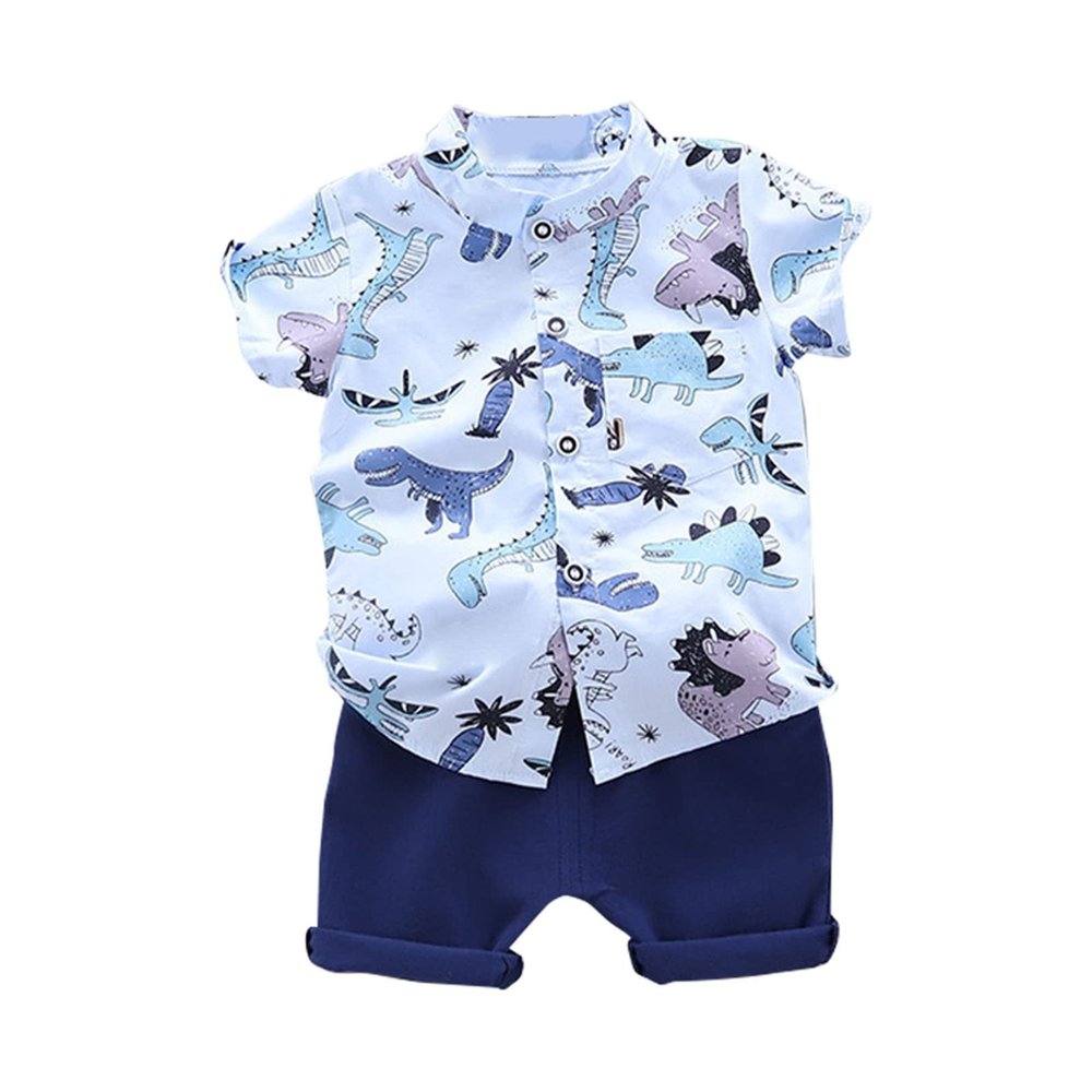 AMIMOJY Toddler Boys Summer Outfit Dino Prints T Shirt Short Sleeve Tops Solid Shorts Casual Baby Clothes Daily Suit 2Pcs, 3-4T, Blue-e
