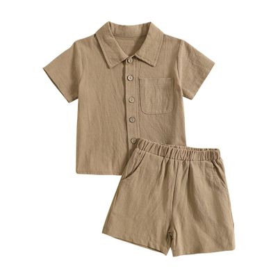 AMIMOJY Baby Boys Cotton Linen Outfit Summer Clothes Solid Color Set Button Down Tops Short Sleeve Shorts Toddler Kids 2Pcs, 4-5T