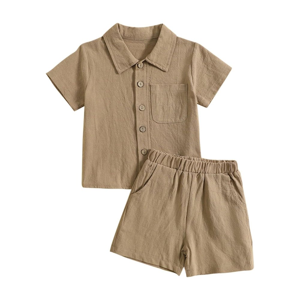 AMIMOJY Baby Boys Cotton Linen Outfit Summer Clothes Solid Color Set Button Down Tops Short Sleeve Shorts Toddler Kids 2Pcs, 4-5T