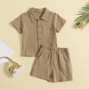 AMIMOJY Baby Boys Cotton Linen Outfit Summer Clothes Solid Color Set Button Down Tops Short Sleeve Shorts Toddler Kids 2Pcs, 4-5T view 3