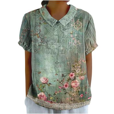 Linen Tops for Women Summer Short Sleeve Collared Blouse Vintage Floral Graphic Tees Casual Loose Shirts