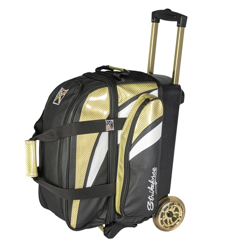 KR Strikeforce Cruiser Lux Double Bowling Ball Roller Bag with Upper Shoe Compartment and Side Accessory Pouch (Gold)