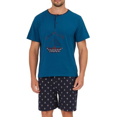Keyocean Mens Henley Pajama Set, Soft Cotton Short-Sleeve Shirt and Shorts Summer PJ Set for Sleeping, Tahitian Tide, X-Large